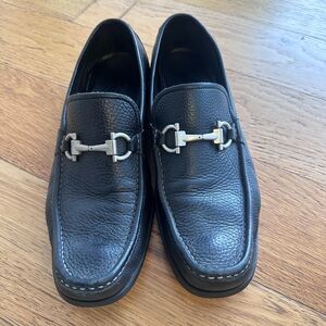 Ferragamo Black Pebbled Leather Horsebit Loafers